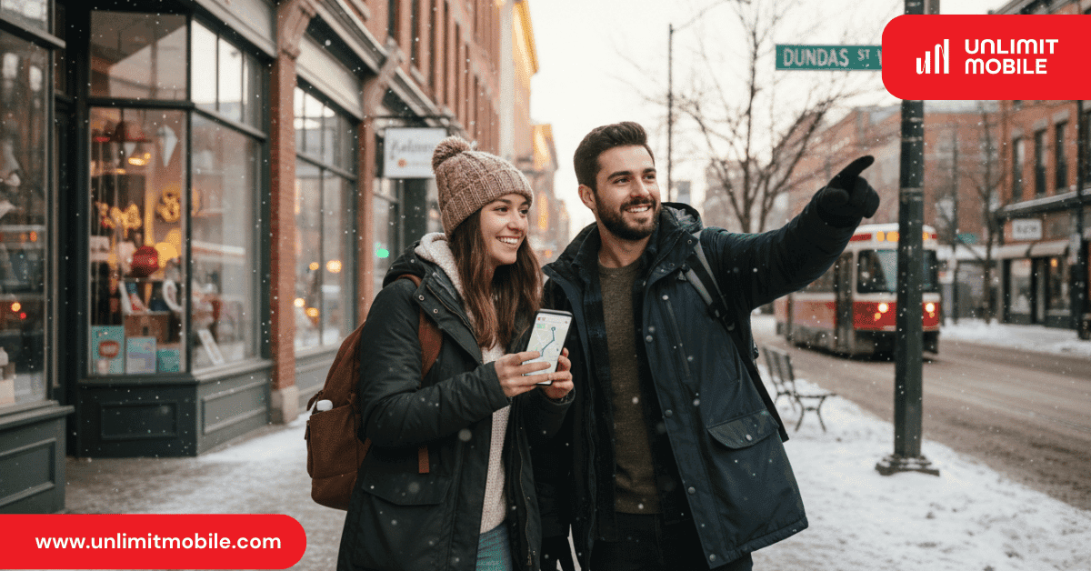 Two visitors checking directions on a phone on a snowy Toronto street, with a streetcar behind them