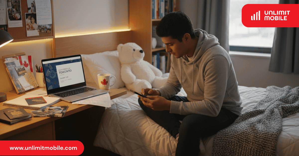 An international student in a Canadian dorm room checking his phone, with a laptop and a Canada flag on the desk