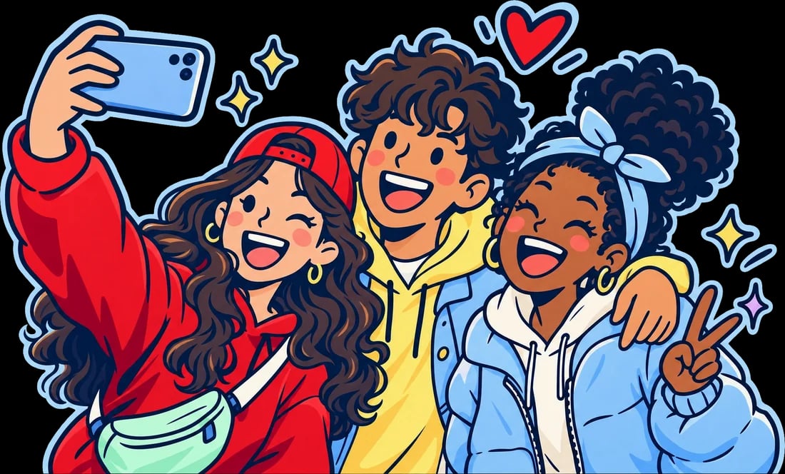 Illustration of three friends squeezing together for a selfie