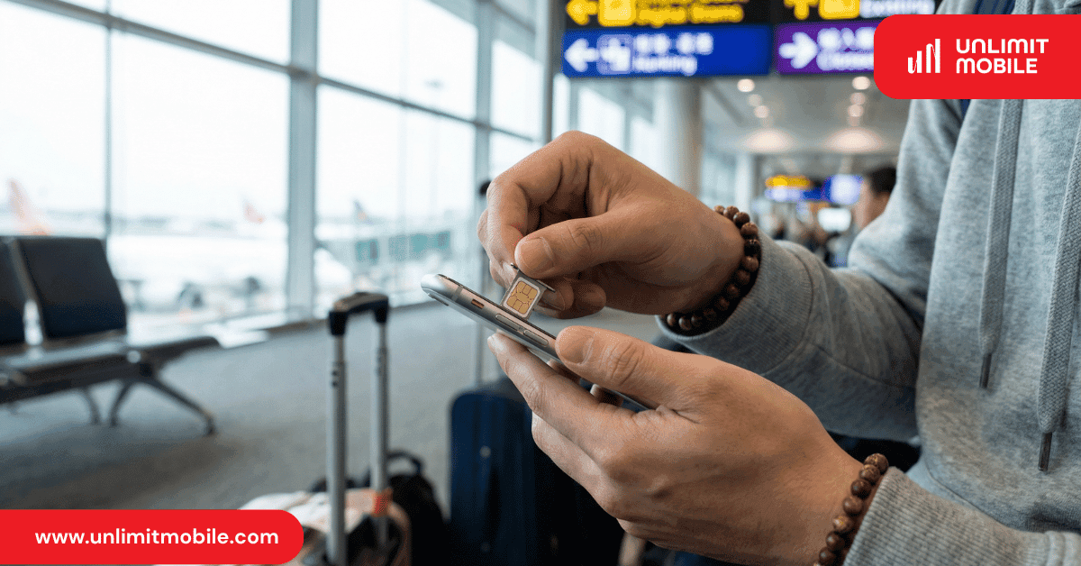 A traveller in an airport terminal handling a SIM card and a smartphone, with a suitcase beside them