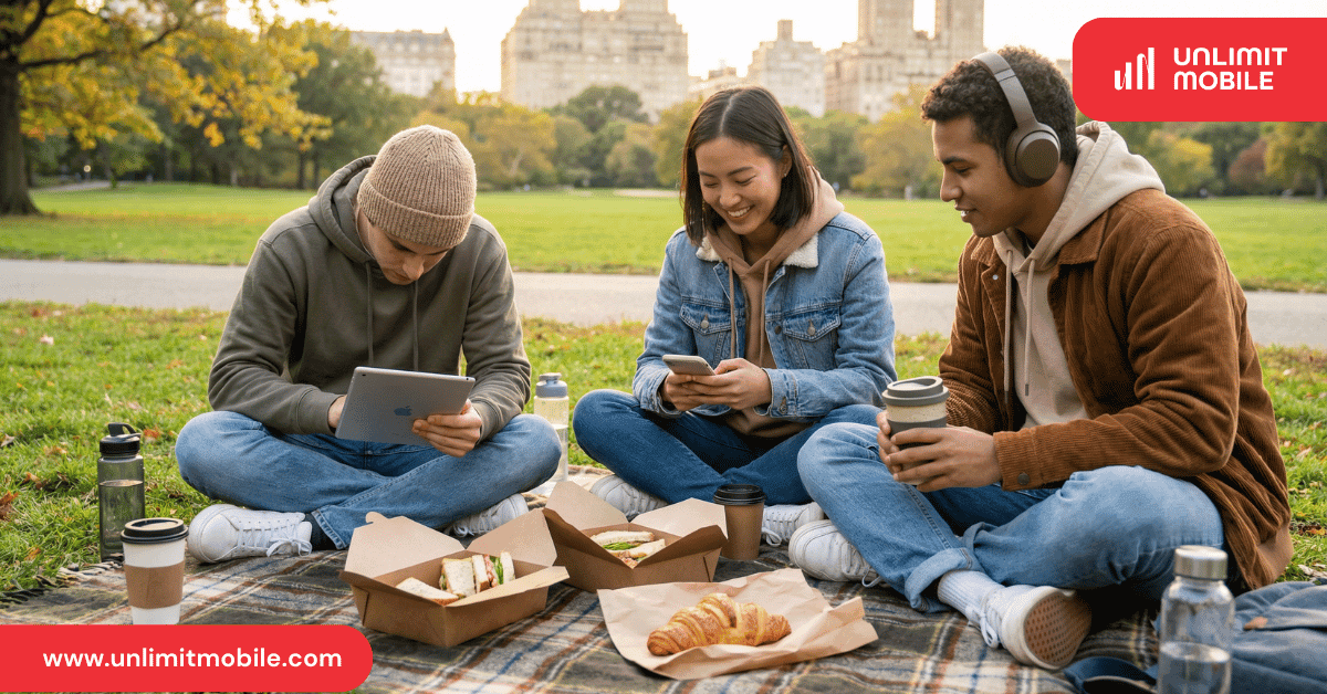 Three friends on a picnic blanket in a city park, one using a tablet and two checking their phones