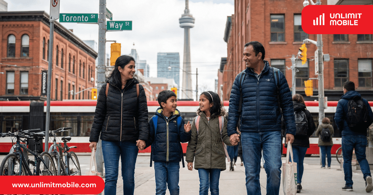 An Indian family walking down a Toronto street with the CN Tower behind them