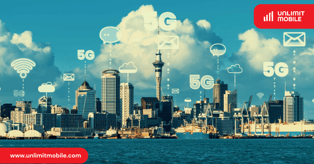 A waterfront city skyline with 5G, Wi-Fi and message icons floating above the buildings