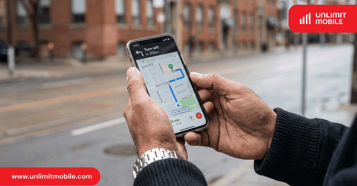 A traveller following map directions on a phone after arriving in a new city