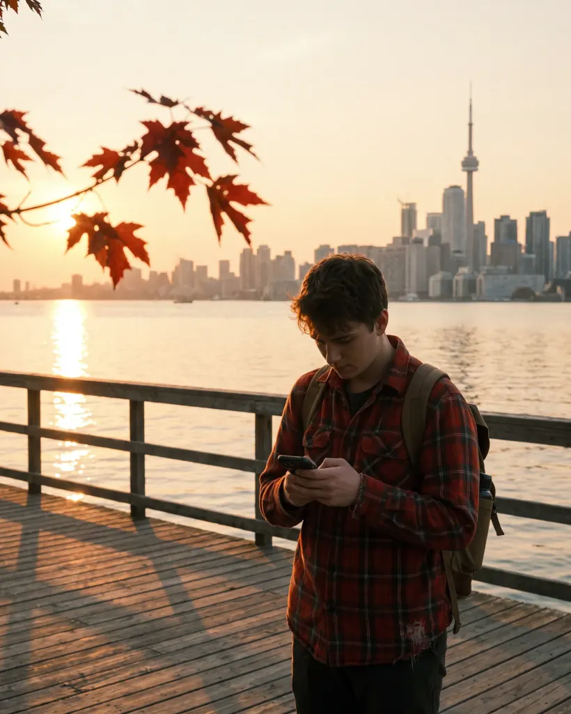 A traveller using her phone in Canada