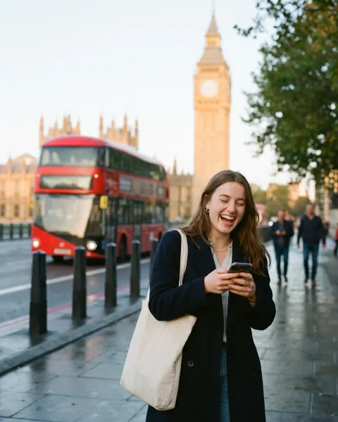 A student laughing at her phone in London, a red double-decker bus and Big Ben behind