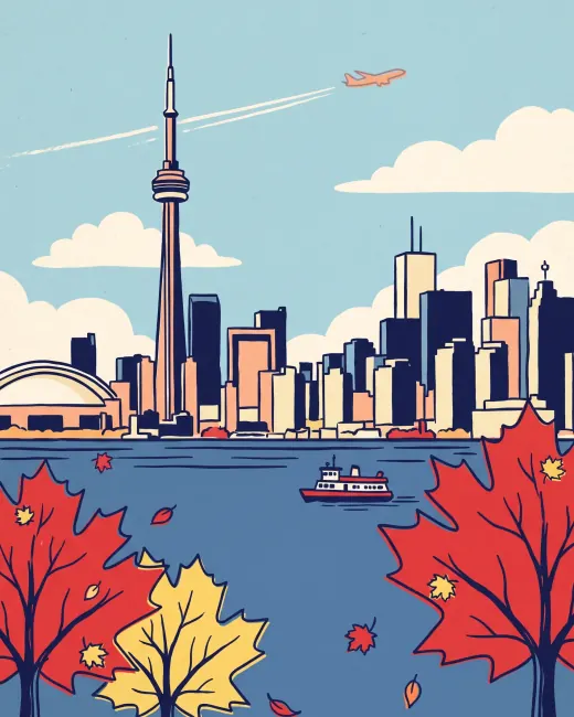 Illustration of the Toronto skyline and the CN Tower across the lake, framed by red maple trees