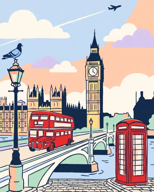 Illustration of Big Ben and a red double-decker bus on Westminster Bridge in London