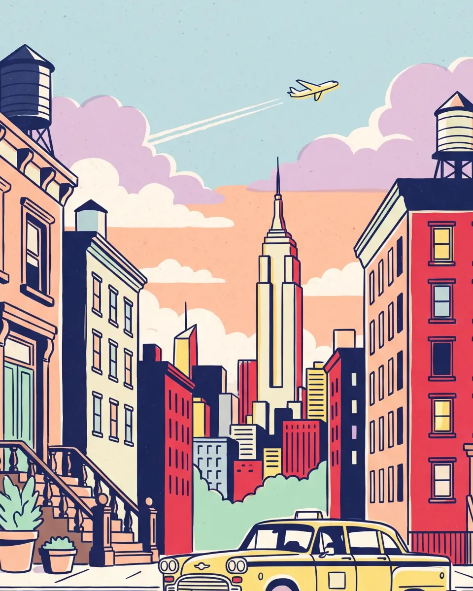 Illustration of a New York street with a yellow taxi
